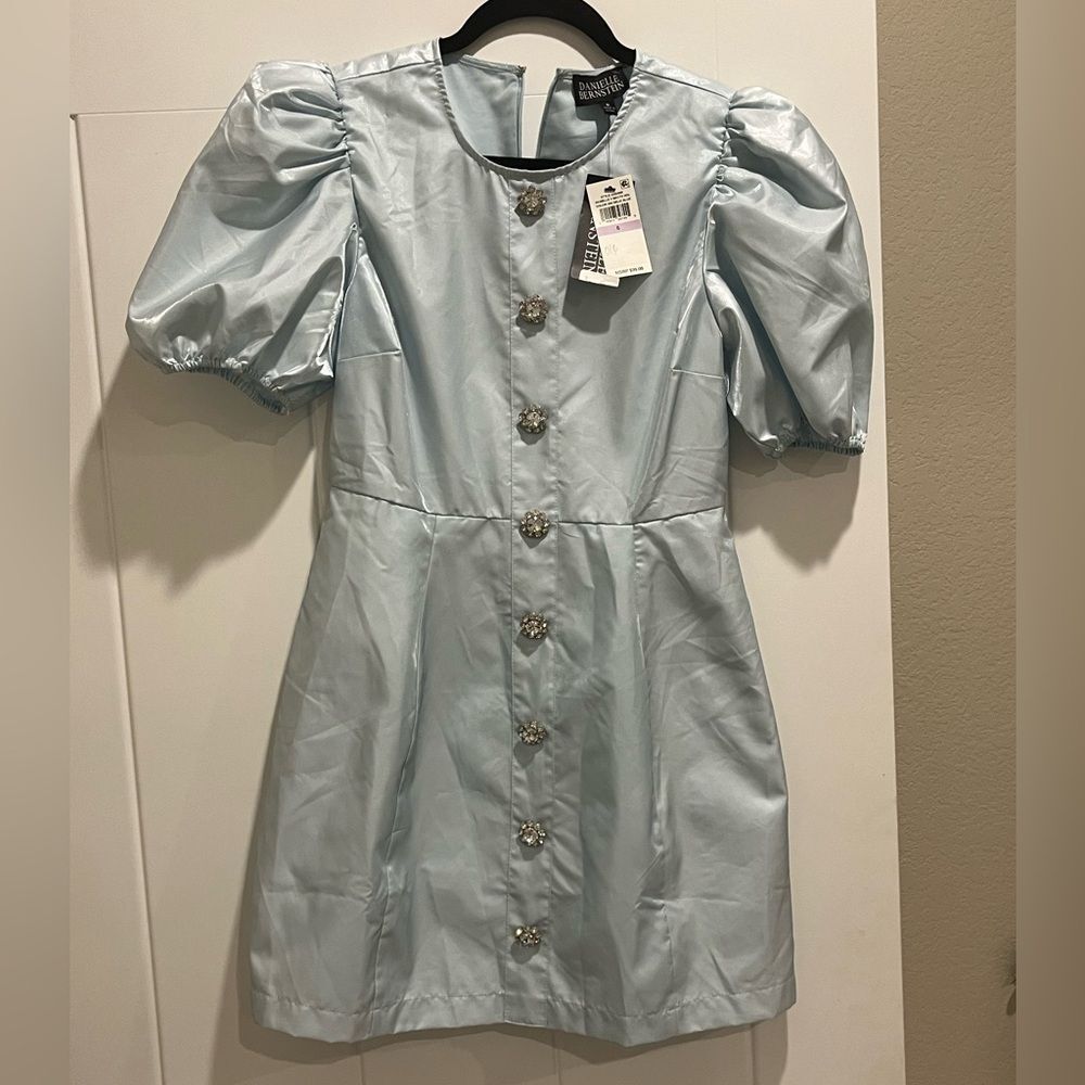 Danielle Bernstein Women’s Size 6 Puff Sleeve Satin Dress Blue MSRP $99